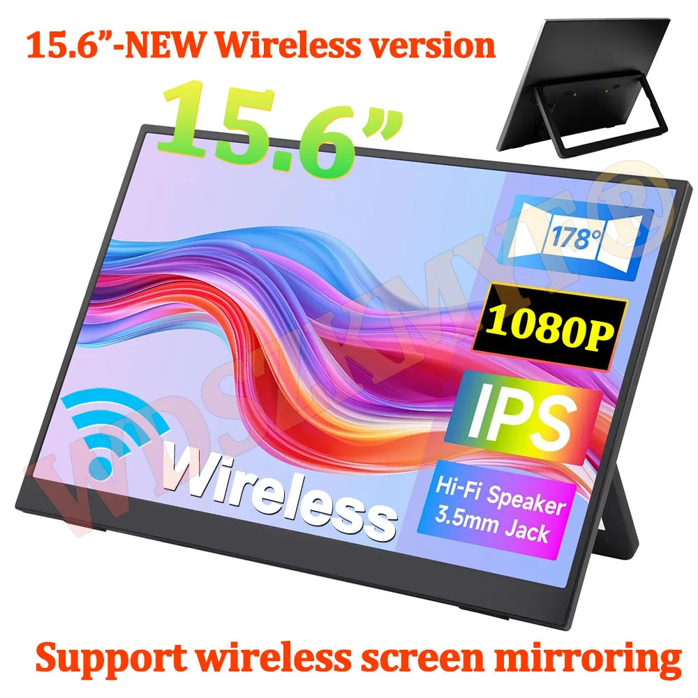 Wireless 18. 5" 15.6" Portable Monitor WIFI Support Mirroring for Phone, Miracast for Laptops, For XBox PS4 / 5 Switch