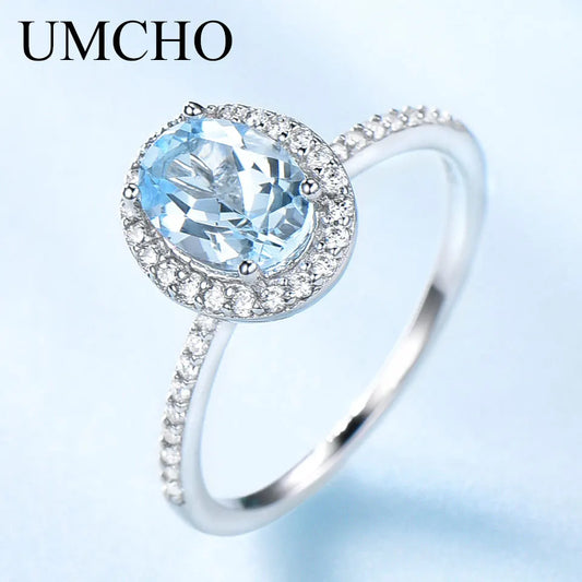 UMCHO Nano Sky Blue Topaz Gemstone Rings for Women Genuine 925 Sterling Silver Ring Oval Romantic Gift Luxury Engagement Jewelry