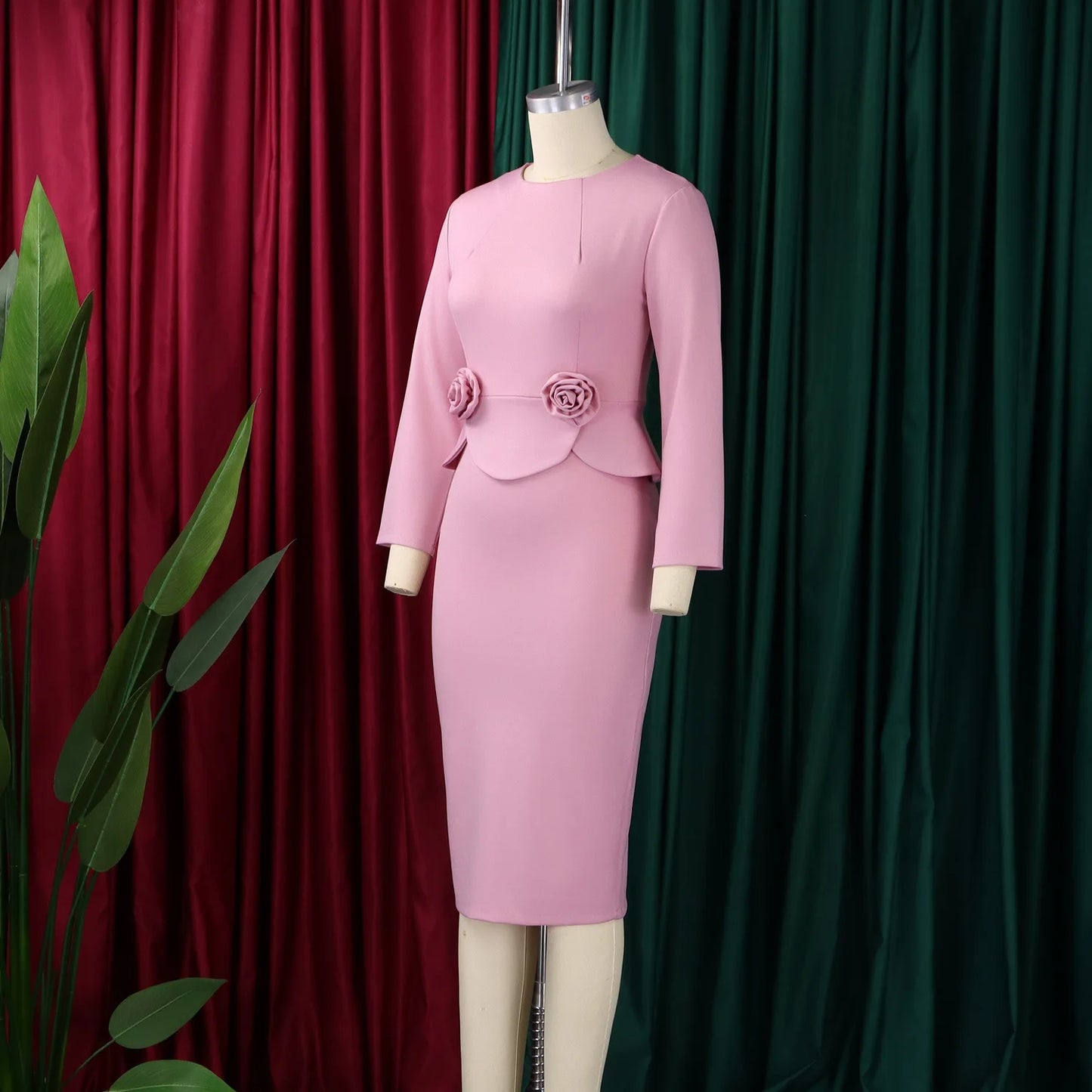 Elegant Bodycon Dresses for Women O Neck Full Sleeve Floral Decorate Solid Sheath Package Hips Mid Calf Professional Work Dress