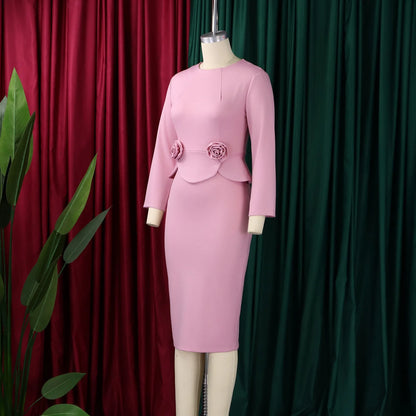 Elegant Bodycon Dresses for Women O Neck Full Sleeve Floral Decorate Solid Sheath Package Hips Mid Calf Professional Work Dress