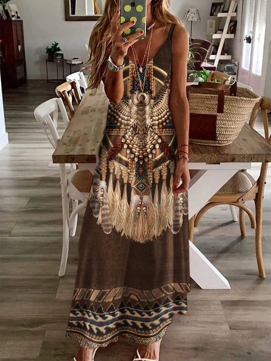 Women's Fashion Western Ethnic Print Casual Suspender Dress
