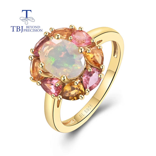 Colorful natural opal cut with natural tourmaline gemstone gorgeous design ring 925 sterling silver fine jewelry gift for mom