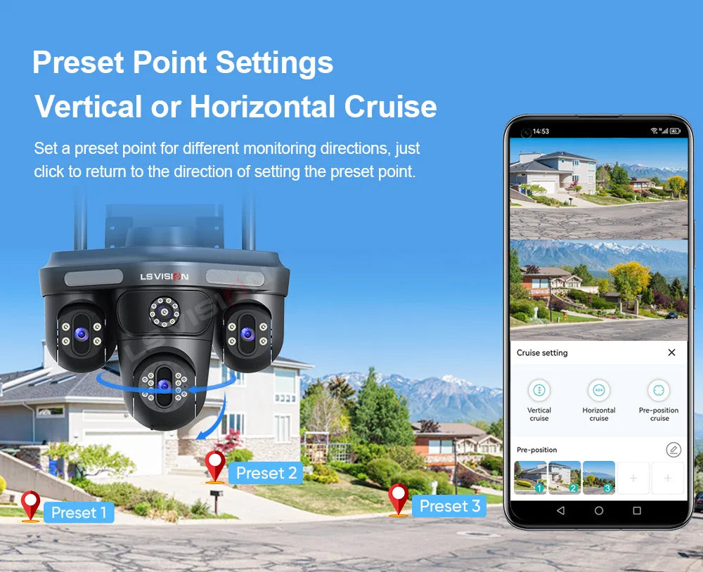 LS VISION Three Screen Camera WIFI 15MP 6K Three Lens  Monitor Night Vision Security Protection  3 PTZ Lens Video Surveillance