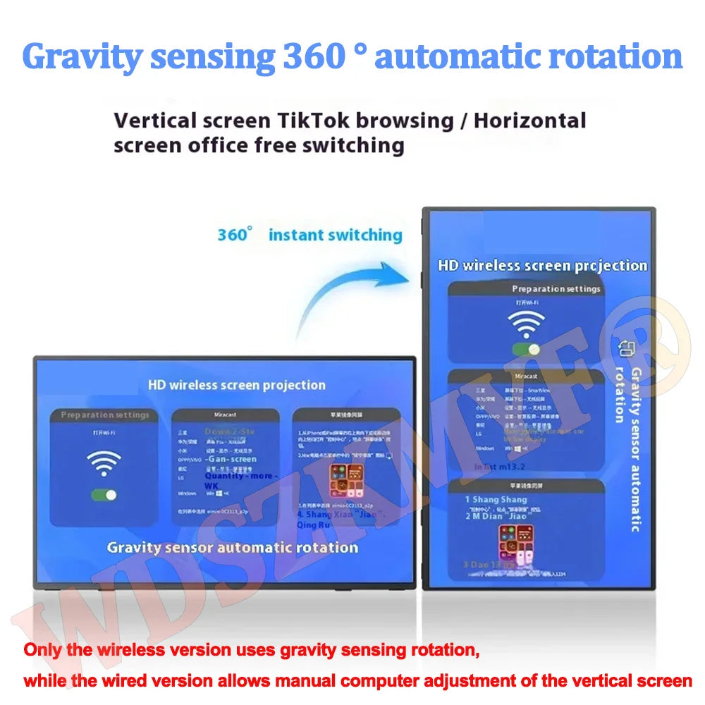 Wireless 18. 5" 15.6" Portable Monitor WIFI Support Mirroring for Phone, Miracast for Laptops, For XBox PS4 / 5 Switch