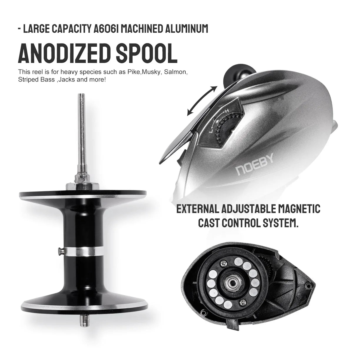 Noeby Predator Baitcasting Reel 6.4:1 Gear Ratio Low Profile Magnetic Braking System 8 + 1 Bearing 15kg Drag Fishing Coil