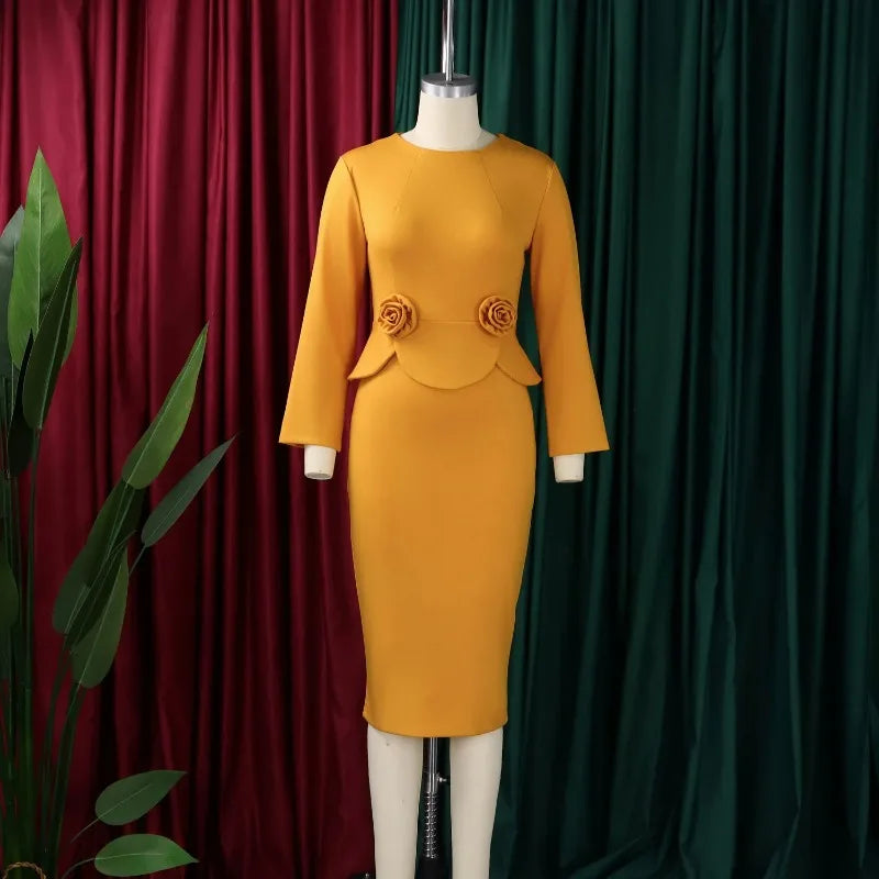 Elegant Bodycon Dresses for Women O Neck Full Sleeve Floral Decorate Solid Sheath Package Hips Mid Calf Professional Work Dress