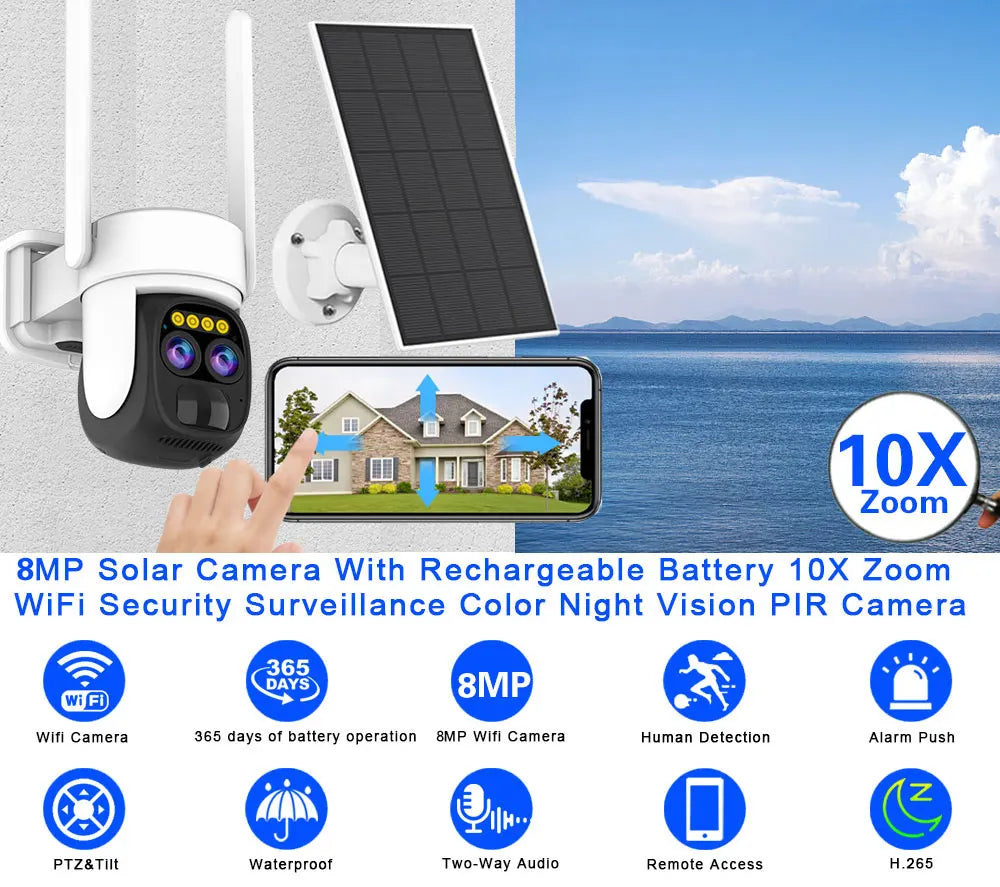 10X Zoom Dual Lens WIFI Solar Cameras 8MP Wireless Surveillance PTZ Battery Camera 4K Color Night Vision Two Way Audio O-KAM APP