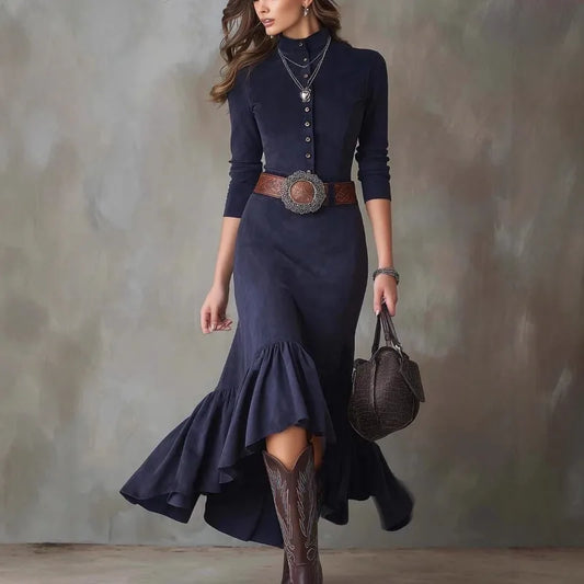 Vintage Western Style Dress Button Temperament High Neck Suede Slim Fit Irregular Hem Long Skirt with Belt