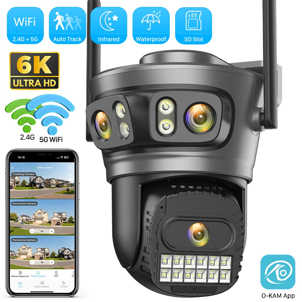 15MP Three Lens PTZ IP Camera Outdoor 6K HD Three Screen WiFi Security Camera Auto Tracking 10MP 4K Dual Len Wirelss CCTV Camera