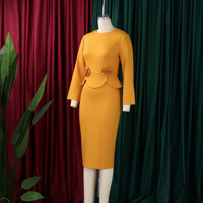 Elegant Bodycon Dresses for Women O Neck Full Sleeve Floral Decorate Solid Sheath Package Hips Mid Calf Professional Work Dress