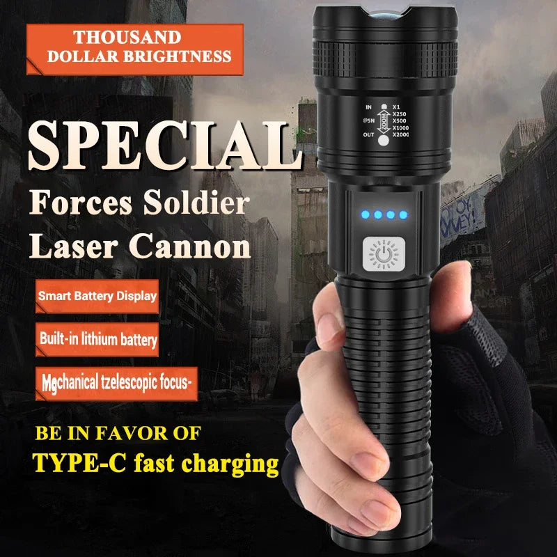 High Strong Power Led Flashlights 2000LM Tactical Torch with Display Light USB Charging Camping Fishing Emergency Zoom Lantern