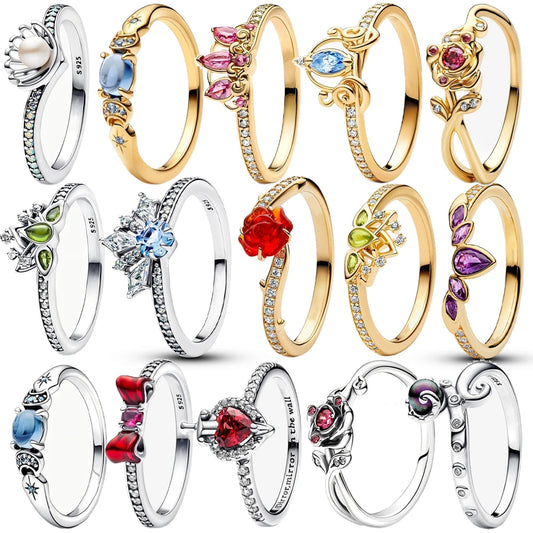 HOT 925 Sterling Silver All Princess Series Tiana Tiara,Aladdin Jasmine, Rapunzel Tiara Ring Women Finger Ring For Party Jewelry