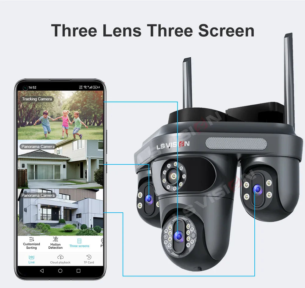LS VISION Three Screen Camera WIFI 15MP 6K Three Lens  Monitor Night Vision Security Protection  3 PTZ Lens Video Surveillance