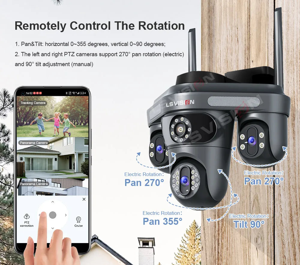 LS VISION Three Screen Camera WIFI 15MP 6K Three Lens  Monitor Night Vision Security Protection  3 PTZ Lens Video Surveillance