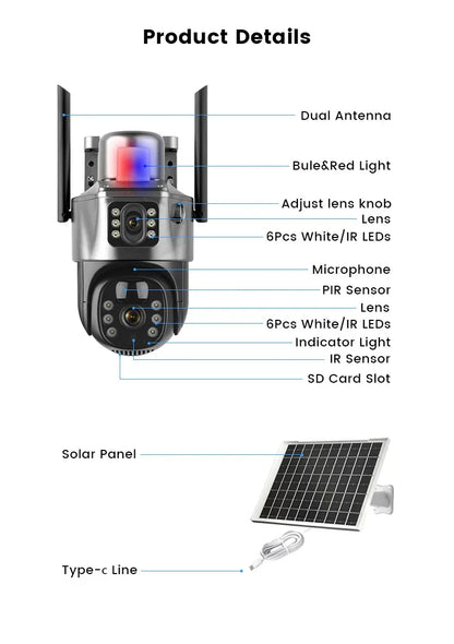 4K Wireless WiFi Solar Outdoor Camera  8MP Dual Lens 4G Sim IP Surveillance Cam PIR Night Vision Mobile Detection Security CCTV