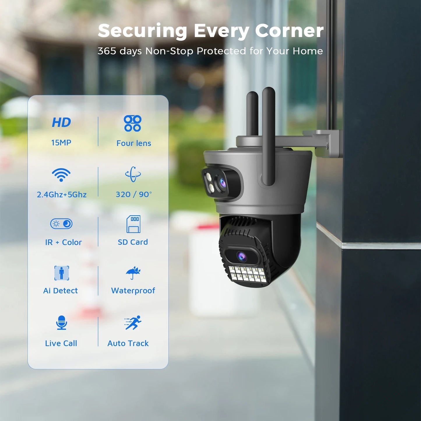 15MP Three Lens PTZ IP Camera Outdoor 6K HD Three Screen WiFi Security Camera Auto Tracking 10MP 4K Dual Len Wirelss CCTV Camera