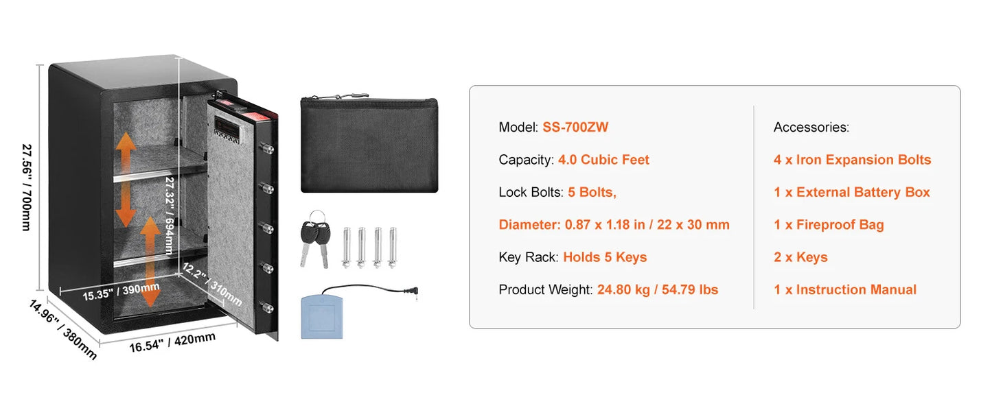 SucceBuy Single Door 4.0 cu.ft Safe Box w/ Key Lock Password & Fingerprint Safe Lock Box with Fireproof Bag Key Rack & LED Light