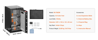 SucceBuy Single Door 4.0 cu.ft Safe Box w/ Key Lock Password & Fingerprint Safe Lock Box with Fireproof Bag Key Rack & LED Light