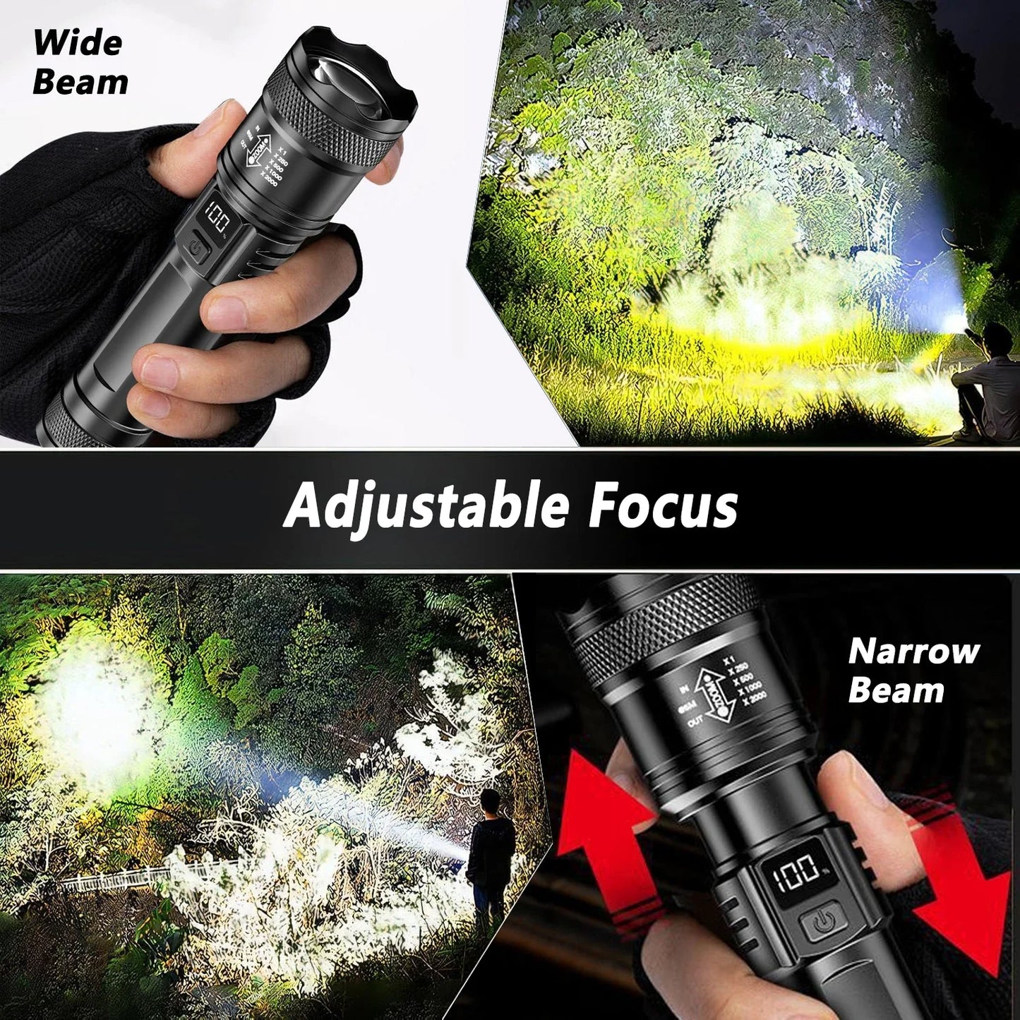 Rechargeable LED Flashlight Zoomable Torch with LCD Display 3 Modes Waterproof High Power Hand Light Outdoor Wilderness Camping