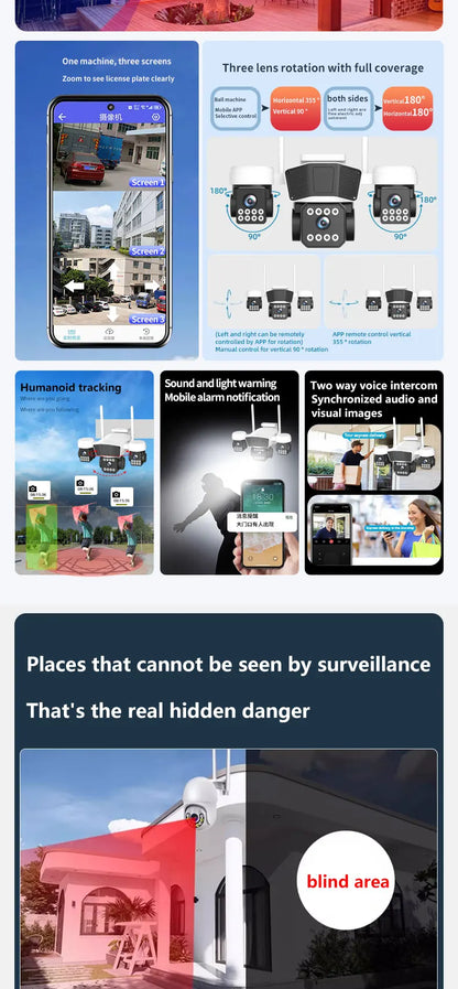 ANSVICAM 12MP 6K UHD WIFI Camera 3-PTZ Outdoor Cam Three Lenses Triple Screens Security Monitor Night Vision Waterproof CCTV