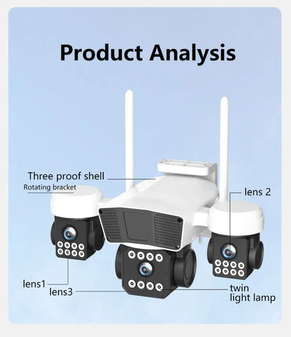 ANSVICAM 12MP 6K UHD WIFI Camera 3-PTZ Outdoor Cam Three Lenses Triple Screens Security Monitor Night Vision Waterproof CCTV