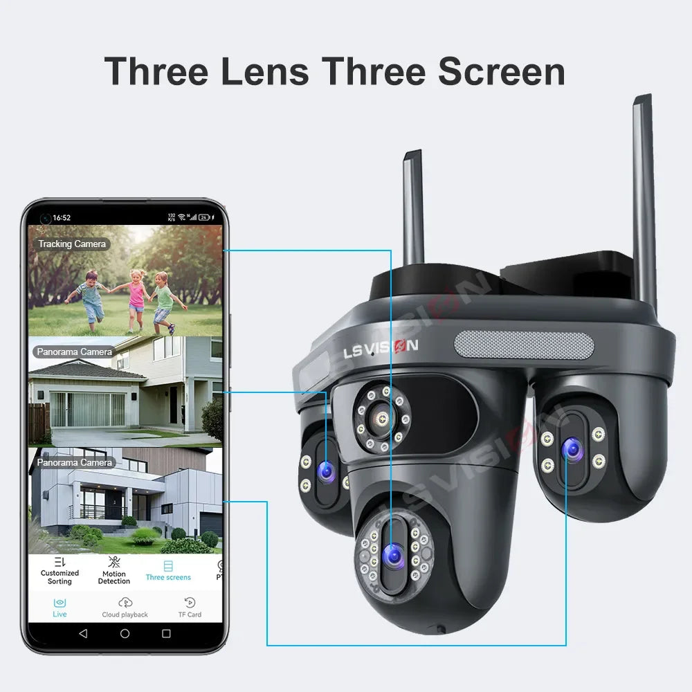 LS VISION Three Screen Camera WIFI 15MP 6K Three Lens  Monitor Night Vision Security Protection  3 PTZ Lens Video Surveillance