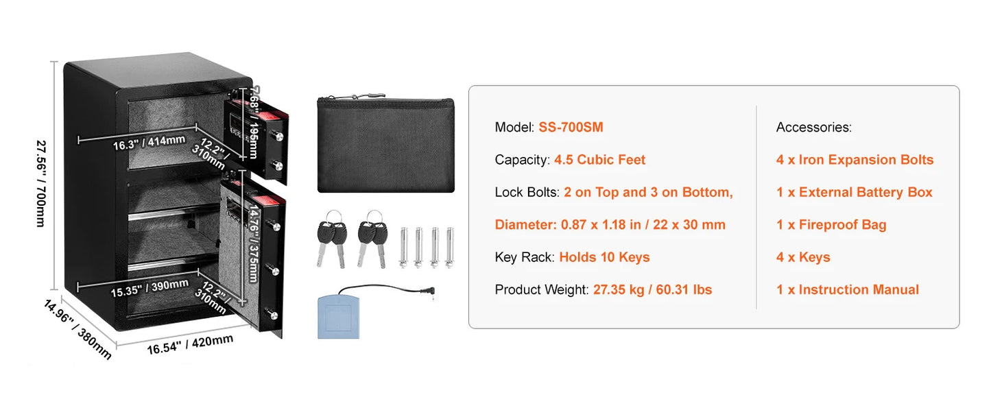 SucceBuy Single Door 4.0 cu.ft Safe Box w/ Key Lock Password & Fingerprint Safe Lock Box with Fireproof Bag Key Rack & LED Light