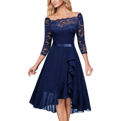 Evening Formal Dresses For Women Dark Blue Summer Dress Lace Irregular Large Skirt Wedding Guest Women Blouses Dressy Robe Femme