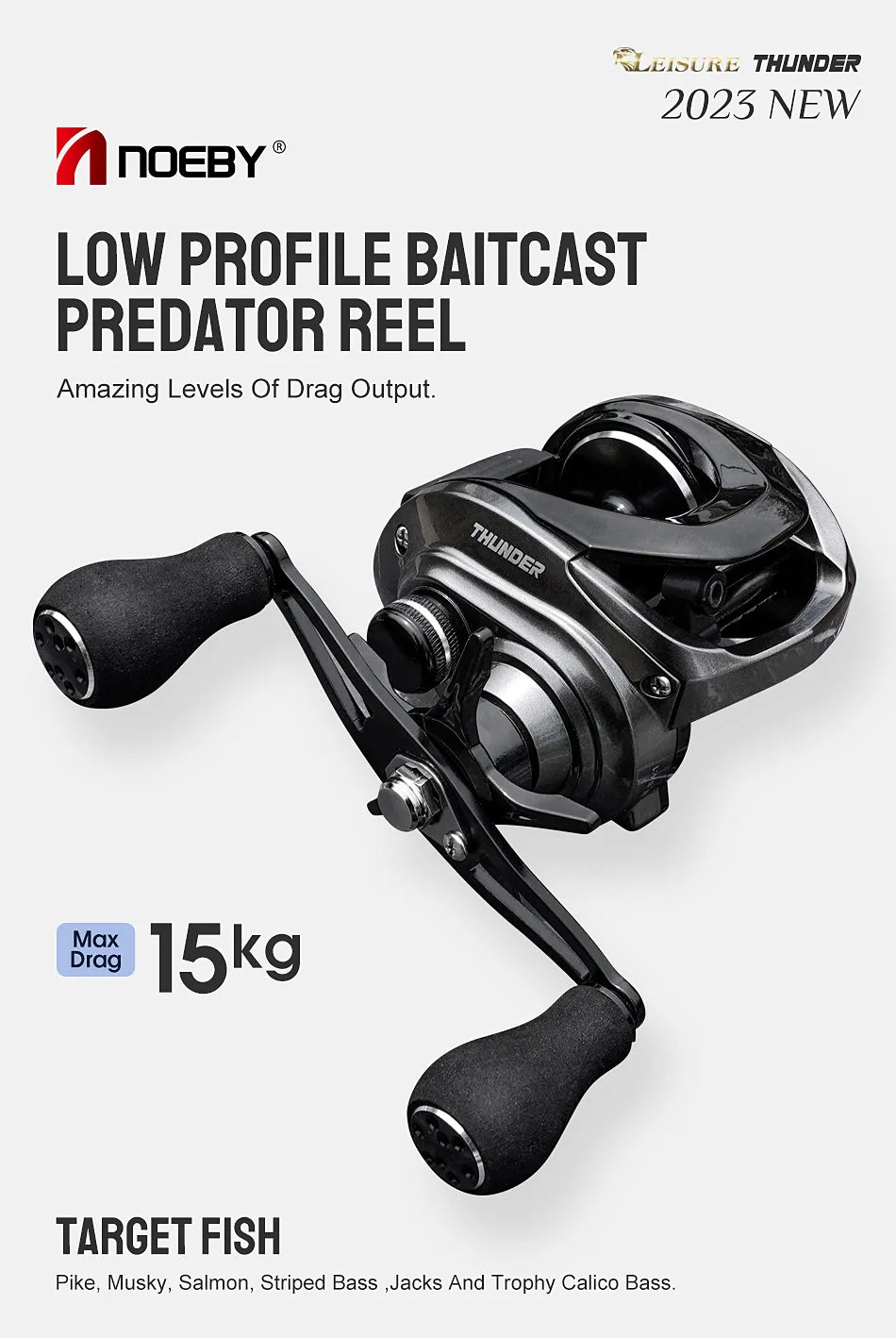 Noeby Predator Baitcasting Reel 6.4:1 Gear Ratio Low Profile Magnetic Braking System 8 + 1 Bearing 15kg Drag Fishing Coil