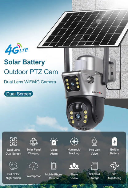 LS VISION 12MP 4G SIM Card Dual Screen Solar Camera Outdoor 6K 10XZoom WiFi PTZ Human Auto Tracking Waterproof Security Cameras