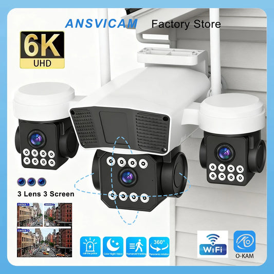 ANSVICAM 12MP 6K UHD WIFI Camera 3-PTZ Outdoor Cam Three Lenses Triple Screens Security Monitor Night Vision Waterproof CCTV