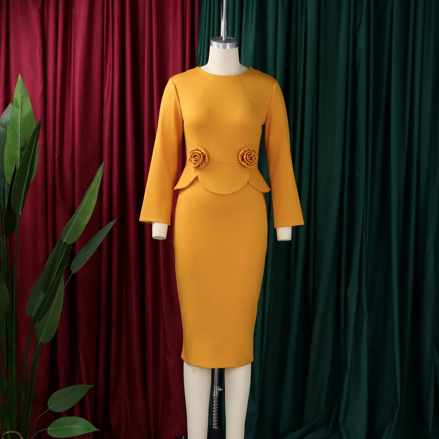 Elegant Bodycon Dresses for Women O Neck Full Sleeve Floral Decorate Solid Sheath Package Hips Mid Calf Professional Work Dress