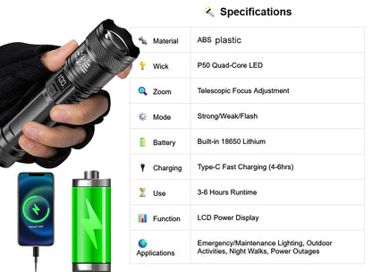 Rechargeable LED Flashlight Zoomable Torch with LCD Display 3 Modes Waterproof High Power Hand Light Outdoor Wilderness Camping