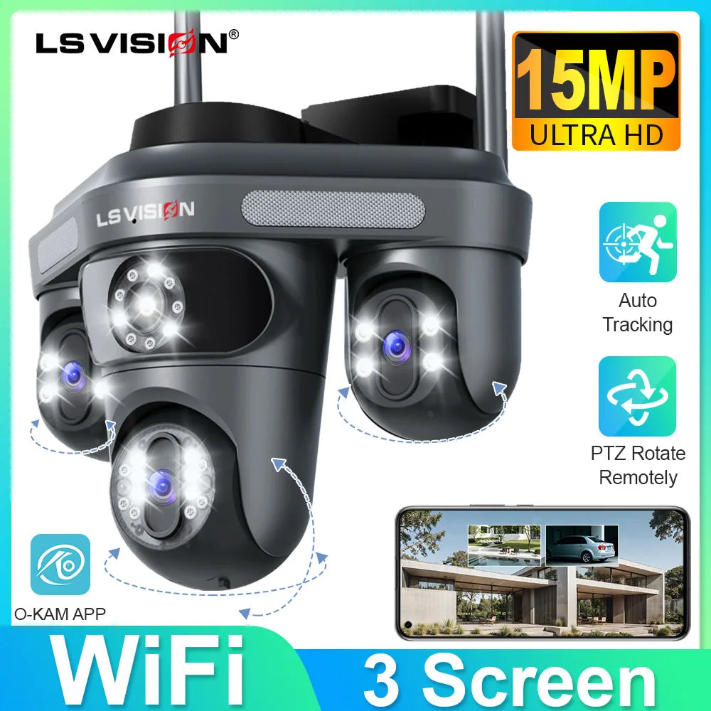 LS VISION Three Screen Camera WIFI 15MP 6K Three Lens  Monitor Night Vision Security Protection  3 PTZ Lens Video Surveillance
