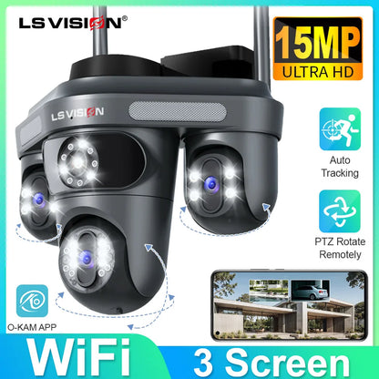 LS VISION Three Screen Camera WIFI 15MP 6K Three Lens  Monitor Night Vision Security Protection  3 PTZ Lens Video Surveillance