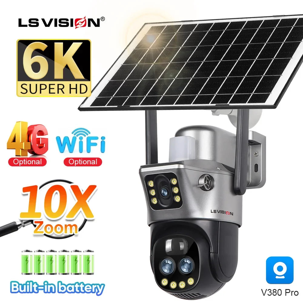 LS VISION 12MP 4G SIM Card Dual Screen Solar Camera Outdoor 6K 10XZoom WiFi PTZ Human Auto Tracking Waterproof Security Cameras