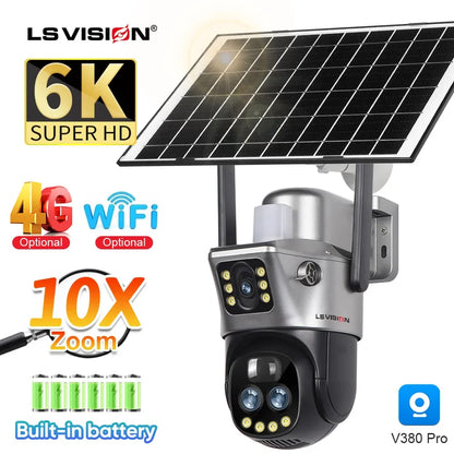 LS VISION 12MP 4G SIM Card Dual Screen Solar Camera Outdoor 6K 10XZoom WiFi PTZ Human Auto Tracking Waterproof Security Cameras