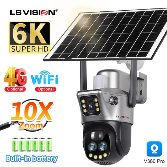 LS VISION 12MP 4G SIM Card Dual Screen Solar Camera Outdoor 6K 10XZoom WiFi PTZ Human Auto Tracking Waterproof Security Cameras