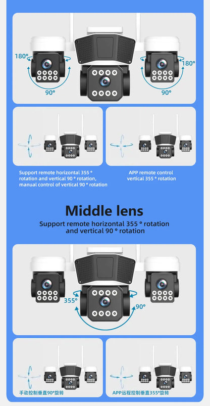 ANSVICAM 12MP 6K UHD WIFI Camera 3-PTZ Outdoor Cam Three Lenses Triple Screens Security Monitor Night Vision Waterproof CCTV