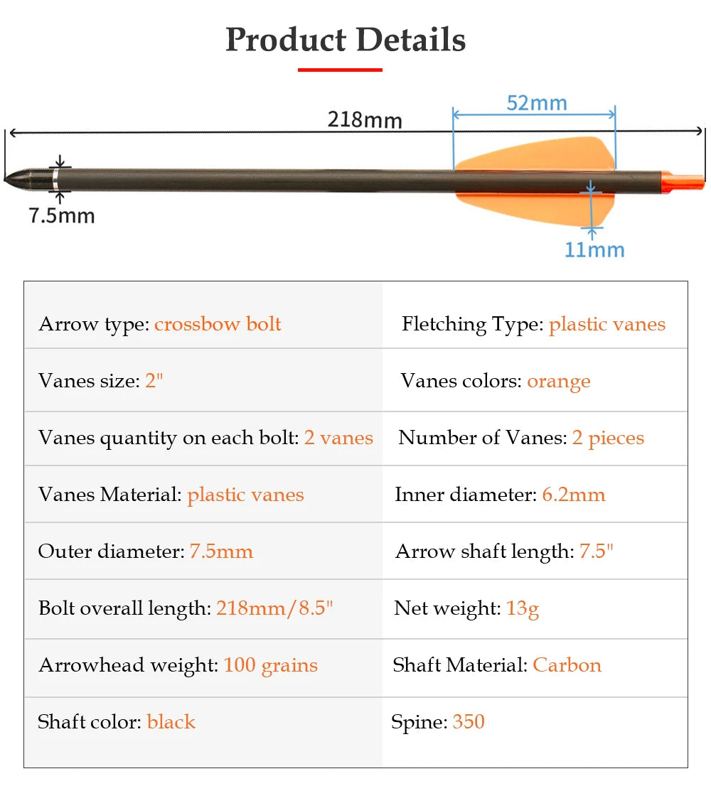 6/12/24pcs 7.5/15 Inch Carbon Crossbow Arrow Bolts 2 Pices Plastic Feathers Archery Arrows for Crossbow Hunting Shooting