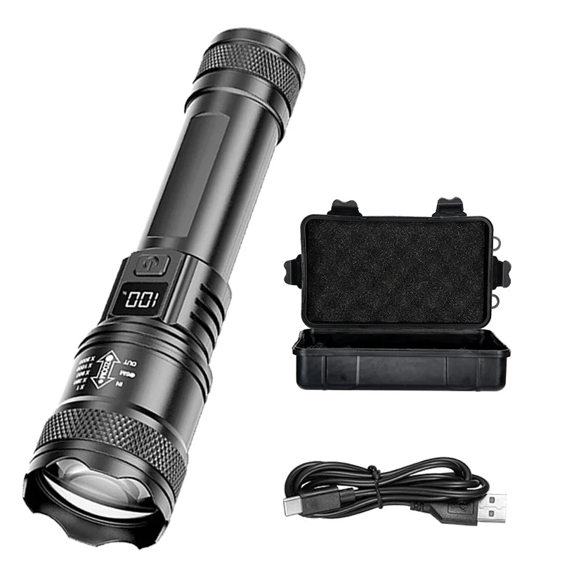 Rechargeable LED Flashlight Zoomable Torch with LCD Display 3 Modes Waterproof High Power Hand Light Outdoor Wilderness Camping