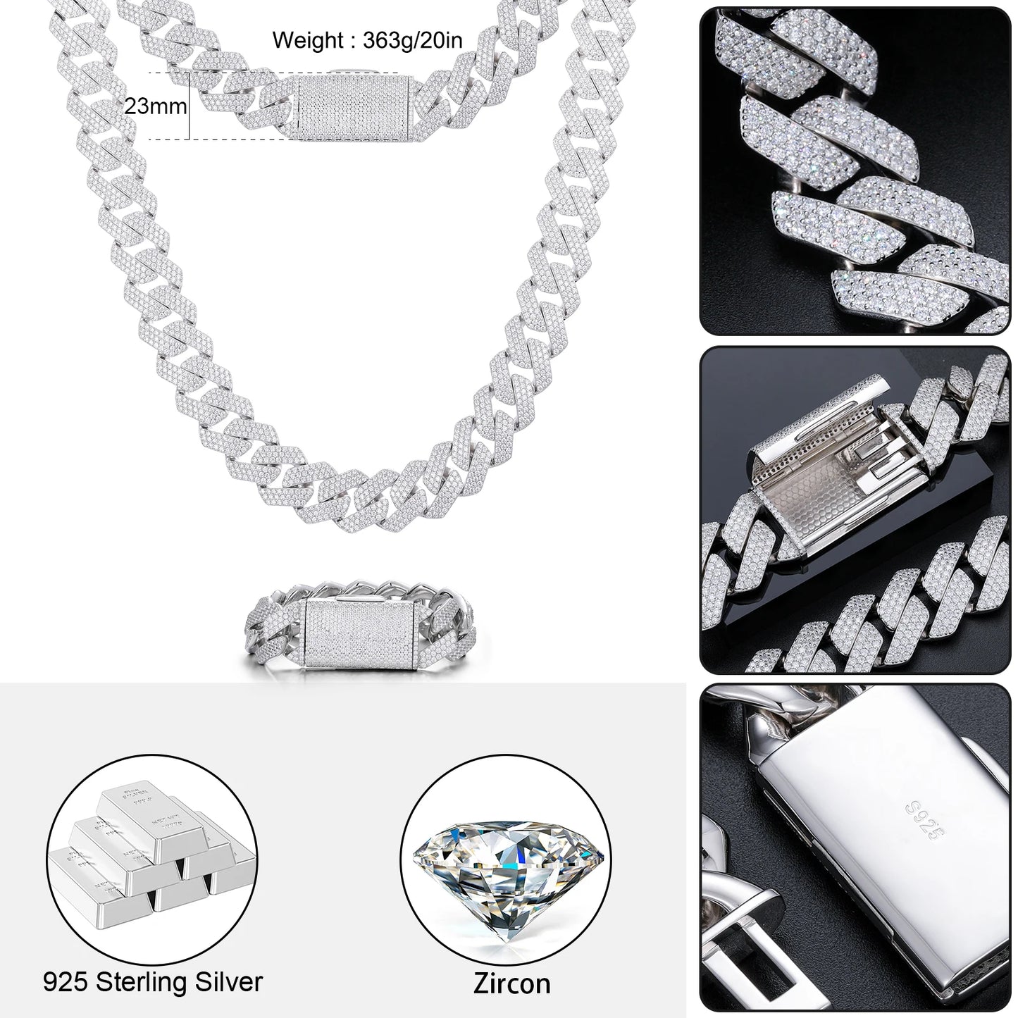 Hot Selling Unisex D VVS1 Moissanite Cuban Link Necklace Solid 925 Sterling Silver Miami Cuban Bracelet For Men Hip Hop Jewelry