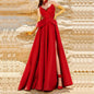 Formal Red Evening Dresses For Women Chic Sleeveless Pleat Beading Draped Gowns Luxury Floor Special Occasion Long Dress Vestido