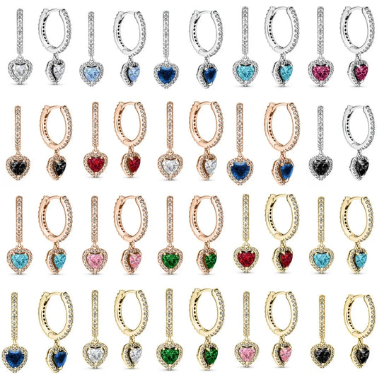 New 925 Sterling Silver Red, Green, Pink, Black Heart-Shaped Exquisite Earrings, Suitable For Charming Jewelry Gifts For Girls ﻿
