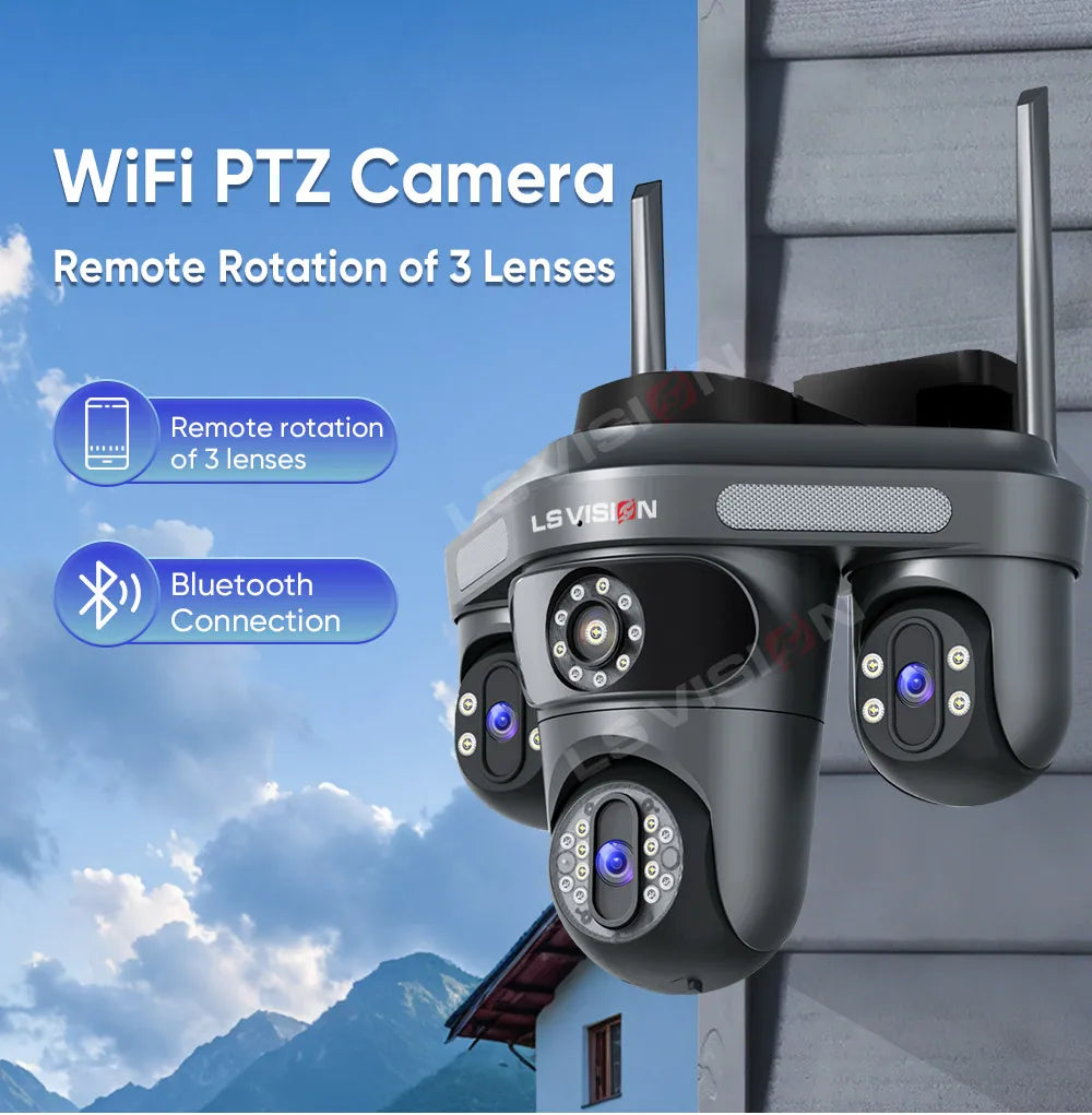 LS VISION Three Screen Camera WIFI 15MP 6K Three Lens  Monitor Night Vision Security Protection  3 PTZ Lens Video Surveillance