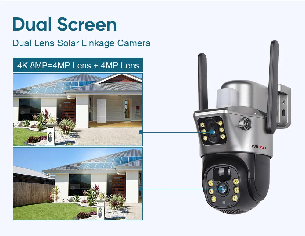 LS VISION 12MP 4G SIM Card Dual Screen Solar Camera Outdoor 6K 10XZoom WiFi PTZ Human Auto Tracking Waterproof Security Cameras