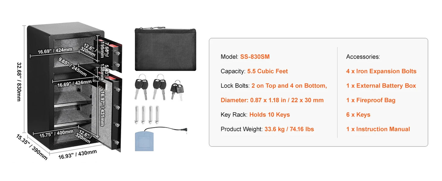 SucceBuy Single Door 4.0 cu.ft Safe Box w/ Key Lock Password & Fingerprint Safe Lock Box with Fireproof Bag Key Rack & LED Light