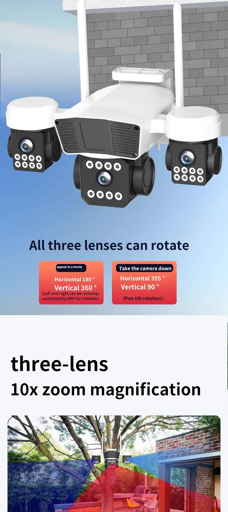 ANSVICAM 12MP 6K UHD WIFI Camera 3-PTZ Outdoor Cam Three Lenses Triple Screens Security Monitor Night Vision Waterproof CCTV