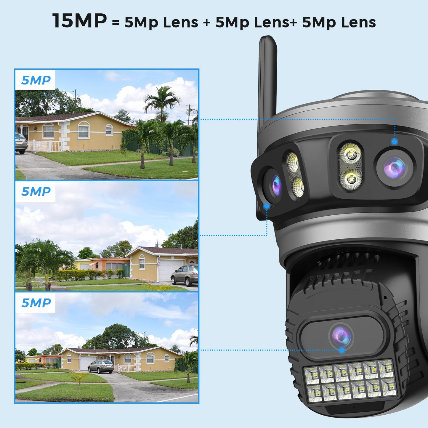 15MP Three Lens PTZ IP Camera Outdoor 6K HD Three Screen WiFi Security Camera Auto Tracking 10MP 4K Dual Len Wirelss CCTV Camera