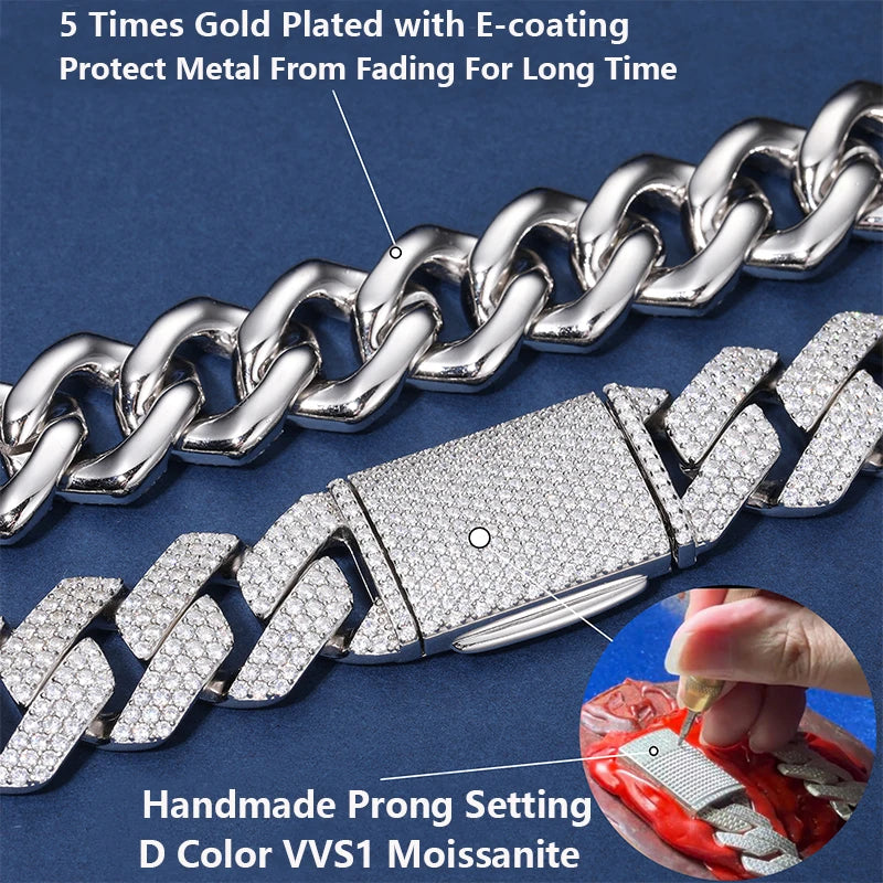 Hot Selling Unisex D VVS1 Moissanite Cuban Link Necklace Solid 925 Sterling Silver Miami Cuban Bracelet For Men Hip Hop Jewelry